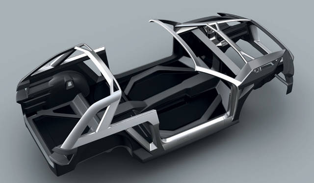 <strong>Audi crosslane coupe｜アウディ クロスレーン クーペ</strong><br />アルミニウム、炭素繊維強化プラスチック（CFRP）、ガラス繊維強化プラスチック（GFRP）を複合的にもちいるマルチマテリアルフレーム
