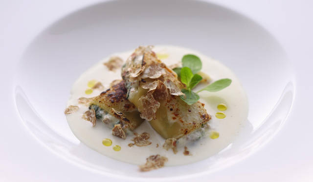 <strong>アルマーニ / リストランテ｜クリスマスディナーコース「NATALE」</strong>　コテキーノとスイスチャードを包み込んだカンネローニ アルバ産白トリュフを添えて