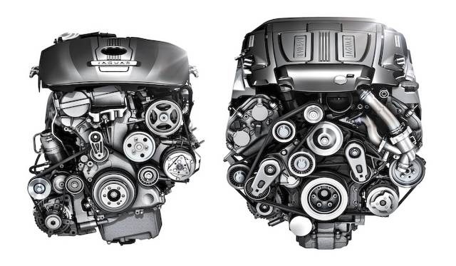 <strong>Jaguar XJ｜ジャガー XJ</strong><br />2リッター4直列気筒ターボエンジン（左）と、3リッターＶ型6気筒スーパーチャージャーエンジン（右）