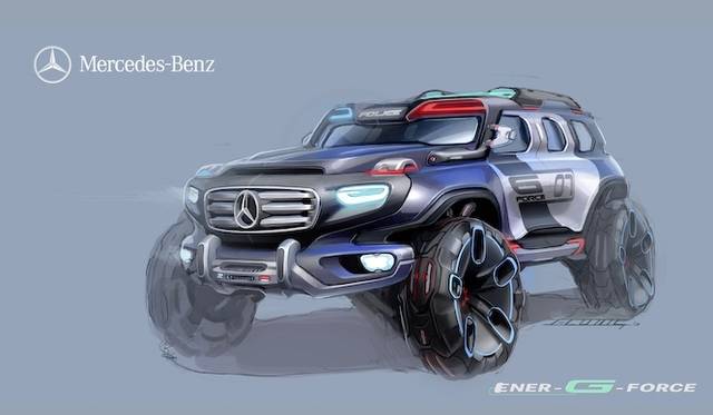 <strong>Mercedes-Benz Ener-G-Force｜メルセデス・ベンツ エナGフォース</strong><br />よりパトカーらしいデザインのイラスト。ルーフやボンネット、バンパーやステップ部分にまで赤（青）色灯が埋め込まれている