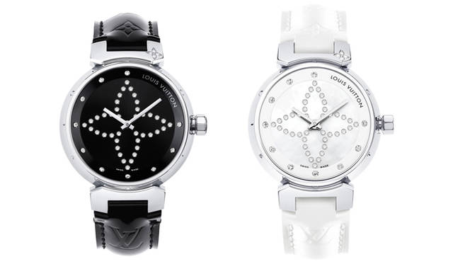 <strong>LOUIS VUITTON｜ルイ・ヴィトン</strong>　「タンブール フォーエバー ブラック＆ホワイト」　スモール（ケース径 28mm）70万3500円、ミディアム（ケース径 34mm）75万1800円<br/><br />2006年に発表された人気コレクション「タンブール フォーエバー」から登場したニューモデル「タンブール フォーエバー ブラック＆ホワイト」。トレンドであるブラック or ホワイトのワントーンに、ダイヤルに輝くモノグラム・フラワーとダイヤモンドのきらめきがアクセント。人気のモノグラム・ヴェルニのストラップで、華やかで軽やかなコーディネイトに仕上げられている。