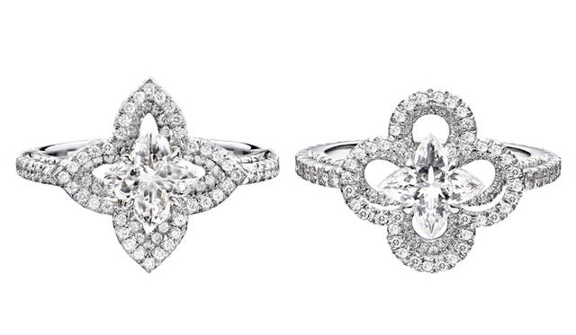 <strong>LOUIS VUITTON｜ルイ・ヴィトン</strong>　「バーグ アルダント」リング [PT×ダイヤモンド] 各373万8000円<br /><br />2008年、ルイ･ヴィトンのジュエリー･コレクションにあらたにくわわった「アルダント」。ブランドのシンボルであるモノグラム･フラワーとモノグラム・スターのシェイプにカットされたルイ･ヴィトン カット ダイヤモンドが配されたコレクションには、ブランドが誇る精巧な技術と洗練されたデザインが凝縮されている。ダイヤモンドを丸い花びらとシャープな星のかたちにカットするという、デザイン的にも技術的にも大胆な挑戦。また通常のブリリアントカットは58のファセットであるのに対し、ルイ･ヴィトン スターカットは65、ルイ･ヴィトン フラワーカットは77ものファセットがほどこされ、ダイヤモンドのきらめきを最大限に高めるなど、ハイジュエリーの世界におけるブランド･アイデンティティを確立するコレクションといえる。