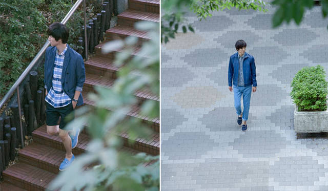 <strong>Smith ＆ Hardy｜スミス ＆ ハーディ</strong>　2013春夏コレクション　左／ジャケット7万350円、シャツ1万9950円、ショーツ1万8900円、ローファー4万2000円、ウォッチ5万400円、右／ブルゾン12万750円、シャツ1万9950円、パンツ2万7300円、ローファー3万9900円