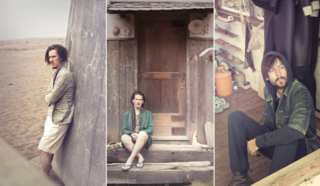 <strong>NAISSANCE｜ネサーンス</strong>　2013春夏コレクション　左／Original French Check Jacket, Nep Denim Gurkha Shorts, Organic Cotton T-shirt、中／Shawl Collar Linen Jacket, Nep Denim Gurkha Shorts, Organic Cotton T-shirt, Stripe Scarf、右／Three Quarter Sleeve Denim Jacket, Slub Sweat Parka, Slub Sweat Pants