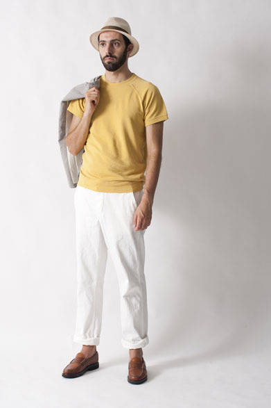 <strong>FUJITO｜フジト</strong>　2013春夏コレクション　Sportsman JKT3万5700円、S/S Sweat1万2600円、Wide Trousers2万4150円、Straw Hat9450円