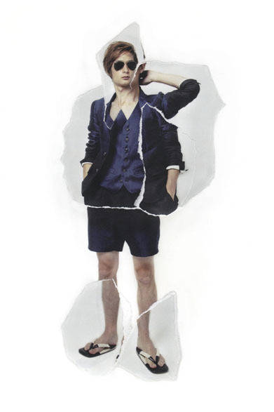 <strong>doublet｜ダブレット</strong>　2013春夏コレクション　ジャケット 6万9300万、ベスト 3万9900円、ショートパンツ 3万5700円、雪駄 1万8900円