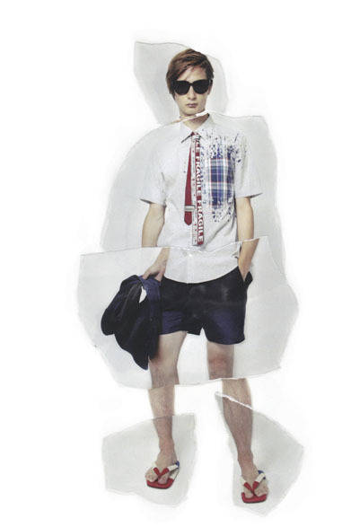 <strong>doublet｜ダブレット</strong>　2013春夏コレクション　ジャケット 6万9300円、シャツ 2万4150円、ショートパンツ 3万5700円、タイ 1万4700円、雪駄 1万8900円