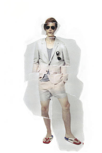 <strong>doublet｜ダブレット</strong>　2013春夏コレクション　ジャケット 6万9300万、ショートパンツ 3万5700円、雪駄 1万8900円