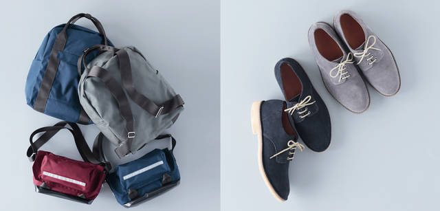　2013春夏コレクション　左／毎シーズン人気の高いポーターとのコラボレーションバッグでは、新タイプの2ウェイで使えるデイパックが登場。毎日ハードに使える高機能素材のコーデュラナイロンを使用。お気に入りの着こなしに合わせてカラーを選びたい。デイパック各2万4150円、メッセンジャー各1万9950円（マーガレット・ハウエル）、右／こちらはマーガレット・ハウエルオリジナルのシューズで、デザイナーのマーガレットが信頼するイタリアのシューズファクトリーで作られたもの。スエードのアッパーにクレープソールという軽快感あるプレーントゥは、春夏の足もとにぴったり。シューズ各7万6650円（マーガレット・ハウエル）