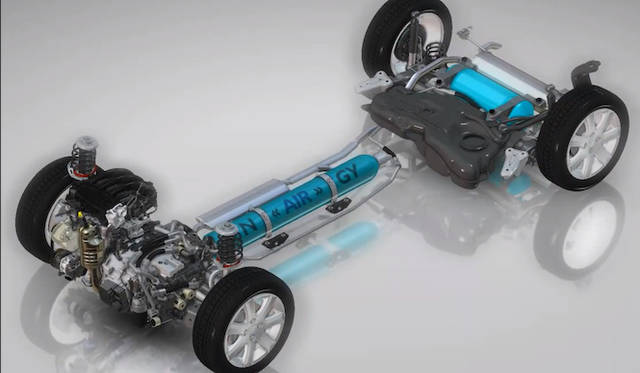 <strong>PSA Peugeot Citroen Hybrid Air｜PSA プジョー・シトロエン ハイブリッド エア</strong><br />青い部分は圧縮空気のタンク（アキュムレーター）