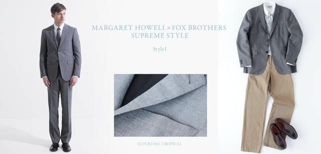 <strong>MARGARET HOWELL｜マーガレット・ハウエル</strong>　2013春夏コレクション　左／<strong>ラペルが細めのボクシーなジャケットと、テーパードの効いたトラウザーズで、新鮮なシルエット</strong>　Model: ジャケット8万4000円、シャツ2万7300円、トラウザーズ4万2000円、ベルト1万6800円、ネクタイ1万3650円、靴9万9750円（すべてマーガレット・ハウエル）　右／<strong>ジャケットをメインに、春のきれいめカジュアルに変身</strong>　SETUP VARIATION: ジャケット8万4000円、シャツ2万7300円、トラウザーズ2万9400円、ネクタイ1万3650円、靴4万5150円（すべてマーガレット・ハウエル）