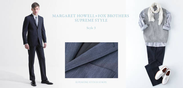 <strong>MARGARET HOWELL｜マーガレット・ハウエル</strong>　2013春夏コレクション　左／<strong>ストライプシャツに、チェリーブロッサム柄のタイ。春らしい、清涼感溢れる着こなし</strong>　Model: ジャケット8万4000円、シャツ3万450円、トラウザーズ4万2000円、ネクタイ1万3650円、ベルト1万6800円、靴9万9750円（すべてマーガレット・ハウエル）　右／<strong>ネイビー、グレー、白、ストライプで好感度アップ</strong>　SETUP VARIATION: ベスト2万9400円、シャツ2万7300円、トラウザーズ4万2000円、スカーフ1万7850円、靴4万950円（すべてマーガレット・ハウエル）