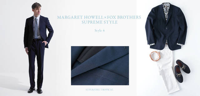 <strong>MARGARET HOWELL｜マーガレット・ハウエル</strong>　2013春夏コレクション　左／<strong>ブルーのニットタイでトーンオントーン。シャープな印象のなかに、ソフトなタッチをプラス</strong>　Model: ジャケット8万4000円、シャツ3万450円、トラウザーズ4万2000円、ネクタイ1万3650円、ベルト1万6800円、靴9万9750円（すべてマーガレット・ハウエル）　右／<strong>ブレザーのように気軽に着こなしたいネイビージャケット</strong>　SETUP VARIATION: ジャケット8万4000円、シャツ2万7300円、トラウザーズ2万4150円、ベルト1万5750円、靴7万6650円（すべてマーガレット・ハウエル）