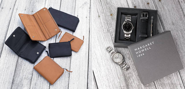 <strong>MARGARET HOWELL｜マーガレット・ハウエル</strong>　2013春夏コレクション　左／「MARGARET HOWELL×PORTER」長財布各2万7300円、2つ折り財布各2万4150円、コインケース兼カードケース各1万500円（マーガレット・ハウエル）　右／「MARGARET HOWELL idea」ウォッチ各3万8850円（マーガレット・ハウエル アイディア）