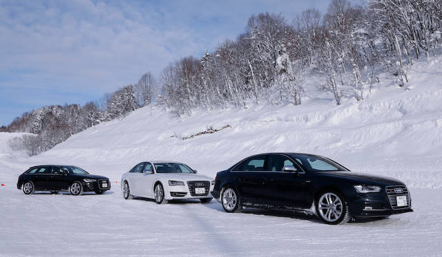 今回運転した3台のクワトロモデル。左からAudi A6 avant 2.8 FSI quattro、S8、S4