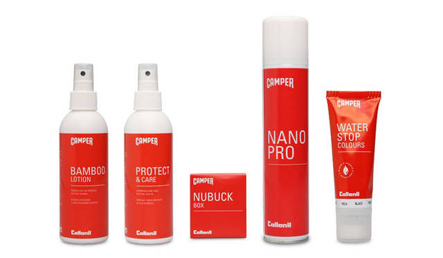 <strong>CAMPER｜カンペール</strong>　2013春夏コレクション　左から、天然竹エキスが汚れを落としながらうるおいをあたえるケア剤「オーガニックバンブーローション」2100円（200ml）、天然オリーブオイルが耐水加工しながら保護するケア剤「オーガニックプロテクト & ケア」2100円（200ml）、ヌバック・スエード専用のドライ・クリーナー「ヌバック ボックス」840円、ナノテクノロジーを応用した革新的防水スプレー「ナノプロウォータープルーフィングスプレー」2415円（200ml）、柔軟性を高めるスムースレザー用カラーケア「ウォーターストップカラーズ (ブラック)」1680円（75ml）