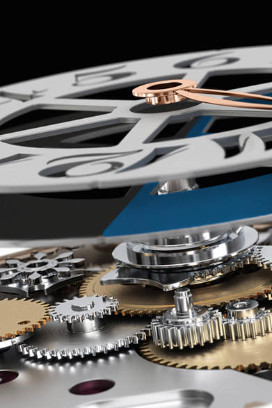 「ニコラ・リューセック ライジングアワー」12時間制で時を示す回転ディスクの下に、昼夜表示のためのブラックとスカイブルーに塗り分けられたデイ・ナイト表示用のディスクがセットされている