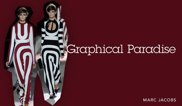 <strong>視覚効果に目が眩む、グラフィカルパラダイスへようこそ</strong><br />ルイ・ヴィトンの全身ダミエ柄ルックにはじまり、今季もっとも特徴的といえるスタイルが、グラフィカルなパターンづかいだ。ルイ・ヴィトンのようなチェッカーパターンをはじめ、細かなジオメトリックパターンや、カラーブロッキングで総体的にグラフィカルな印象を演出したエルメスやフェンディのルックも注目だ。取り入れやすいボーダーは“太め”が今年らしい。<br /><br />MARC JACOBS（マーク ジェイコブス）