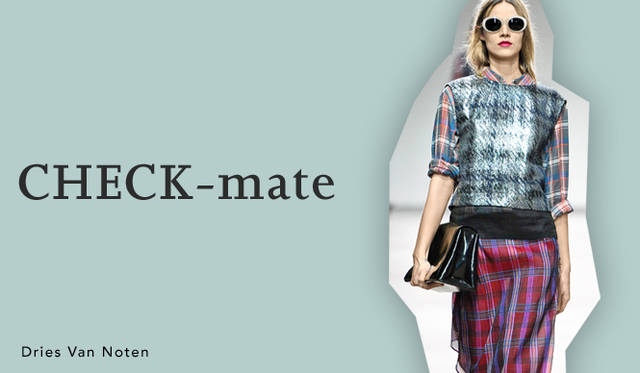 <strong>春夏トレンドにチェックメイト！　決め手はチェックの“こなれ感”</strong><br />ボーダーとおなじく、取り入れやすいのが“チェック”だろう。とくに抜群の“こなれ感”を醸すドリス ヴァン ノッテンのスタイルに注目を。これにみるチェック同士の自由なミックスこそ今年らしい着こなしの作法。チェックだけでなく、レオパードやフラワーパターンなど、異なる模様を組み合わせるのも◎。スタイリングの仕上げにチェックでカジュアルダウンすることで、“こなれ感”を演出したい。<br /><br />Dries Van Noten（ドリス ヴァン ノッテン）