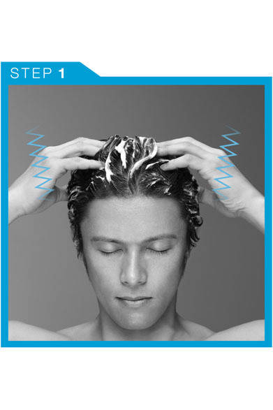 <strong>P&G｜プロクター・アンド・ギャンブル・ジャパン</strong>　ヘアケア製品「エイチ・アンド・エス フォー・メン ボリュームアップ シリーズ」<br>髙橋ミカさん監修“男のヘッドスパ”　＜STEP1＞シャンプーで「ジグザグ洗い」　地肌をマッサージしながら、生え際から後頭部にかけて汚れをかき出す。頭頂部は皮脂が出やすいので重点的に