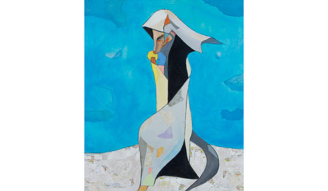 梅野 亮／《月を聞く者》／2012／キャンバスに油彩、コラージュ／73ｘ61cm／ギャラリー上田