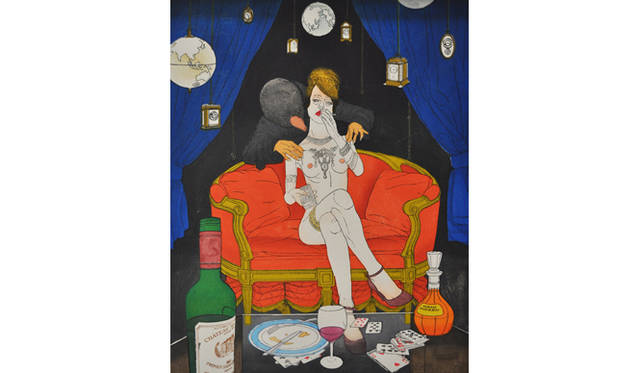 長谷川可奈／《親指姫シリーズ７作組のうち「退屈なもぐらの部屋」》／2011／木版画／71×57cm／蔵丘洞