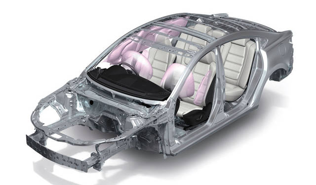 基本骨格を可能な限り直線で構成し高剛性を実現した「SKYACTIV-BODY」と、エアバック展開イメージ