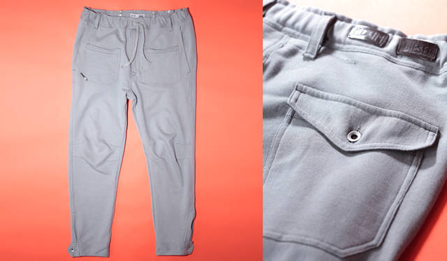 <strong> DIESEL｜ディーゼル 南アフリカの3人組とデニムコレクション</strong> 先のデニムと同じシルエットだがグレーのスウェット地を採用。スウェットパンツ3万4650円（ディーゼル＋イードゥン／ディーゼル ジャパン）