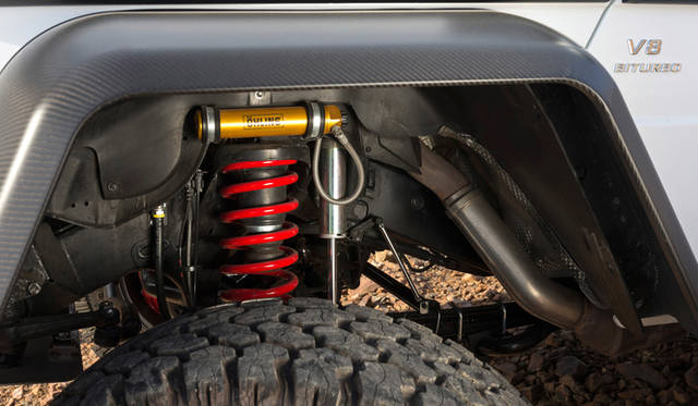 オーリンズの調整式ガスショックを備える。フロントのサスペンションは軍用車からの流用だ