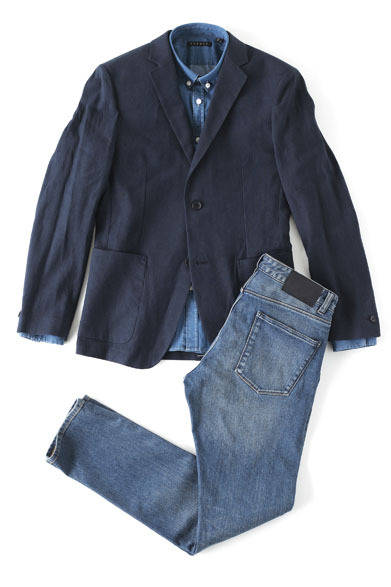 <strong>阪急メンズ東京｜2013年4月は、ドレッシーに着こなす“インディゴシック”</strong>　ジャケット4万8300円、シャツ1万9950円、パンツ2万5200円（すべてセオリー／阪急メンズ東京）