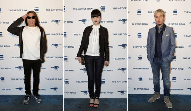 <strong>G-STAR RAW｜ジースター ロゥ</strong>　「THE ART OF RAW」レセプションパーティに参加した面々。写真左から、フォトグラファーの新田桂一、モデルの秋元梢。RIP SLYMEのILMARIはスペシャルゲストDJとして参加