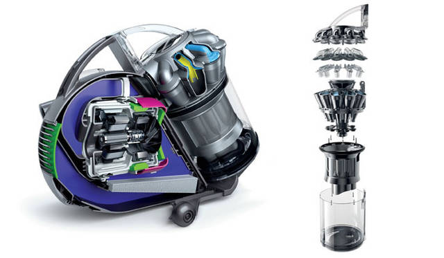 <strong>dyson｜ダイソン</strong>　左／DC48カットアウェイ、右／DC48ラジアルルートサイクロン。DC48はほこりやごみを最大0.5リットル収容可能。ボタンを押すだけでほこりやごみを直接ごみ箱に捨てられるシステムを採用