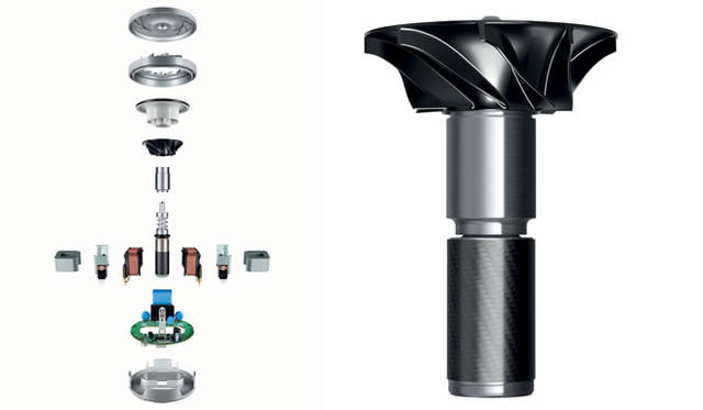<strong>dyson｜ダイソン</strong>　左／ダイソン デジタルモーター V4（分解）、右／ダイソン デジタルモーター V4のインペラー