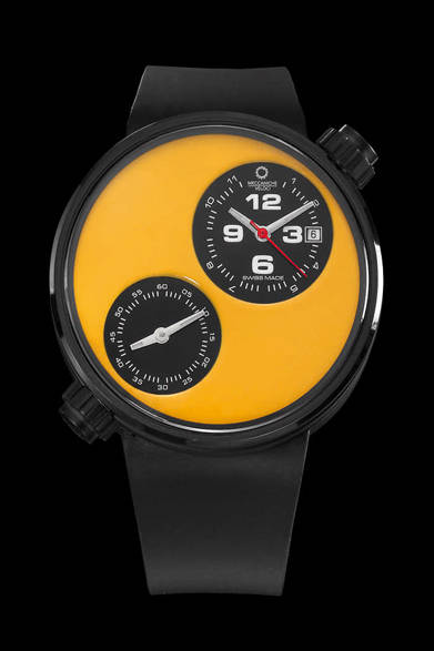 <strong>MECCANICHE VELOCI│メカニケ・ヴェローチ</strong>　「ドゥエヴァルヴォレ エボリューション カーフェアリング」ブラックIPBチタニウムケース、カーフェアリングダイアル（ランボルギーニイエロー）、46万2000円