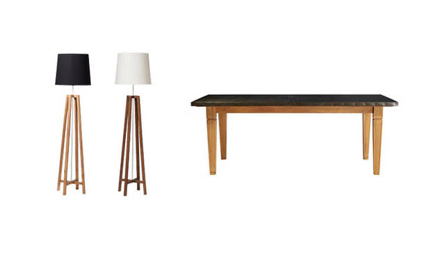 <strong>THE CONRAN SHOP｜ザ・コンランショップ</strong>　左／コットン素材のシェードと木の風合いを活かしたスタンドの組み合わせが、ナチュラルで優しい印象のスタンドライト。シェードとスタンドはそれぞれ2種類から組み合わせが選べる。「CROSS FLOOR LIGHT（クロスフロアライト）」各2万9400円。右／亜鉛にスズ塗装をほどこし、ヴィンテージ風に仕上げた天板が独特の味わいのダイニングテーブル。クラシカルなデザインのレッグには船の甲板などに使われるチーク材を使用し、半屋外での使用も可能。「PORTBELLO TABLE（ポートベローテーブル）」17万8500円