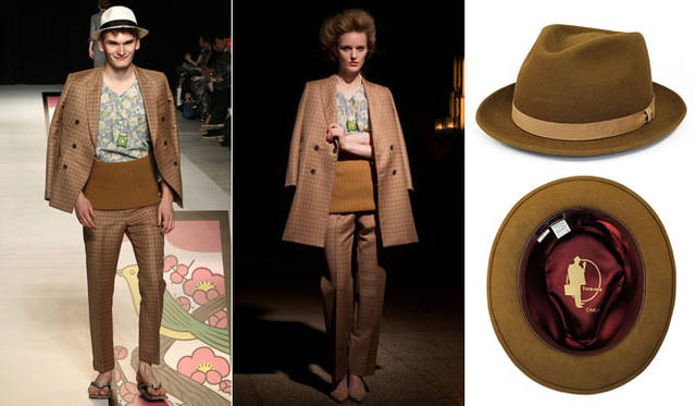 <strong>beautiful people｜ビューティフル ピープル</strong>　伊勢丹新宿店本館イベント「EDOMAE KAIHOKU」　左／2013年春夏コレクションに登場した寅さん。ショーピースだったメンズのジャケットとパンツを今回のイベントのために作成。「男はつらいよ」寅さんセットアップ。ジャケット8万1900円、パンツ3万6750円。中／チェスターコート8万1900円、パンツ3万6750円、ダボシャツ3万5700円、腹巻スカート2万4150円。右／イベント期間中、CA4LAが「男はつらいよ」とコラボした寅さんハット（山田洋次監督・松竹監修）を特別に発売する。「男はつらいよ×CA4LA “寅さんハット”完全復刻版 コラボレーションハット」1万2600円