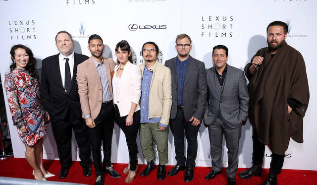 ハーヴェイ・ワインスタイン氏、デイヴィッド・グラッサー氏とショートフィルムの監督たち。左から、宮崎光代氏、ジャスティン・ティッピング氏、クリスティーナ・モリーノ氏、チャン・キ・チャン（Chung Ki Chan）氏、ジョエル・ケファリ（Joel Kefali）氏、 キャンベル・フーパー（Campbell Hooper）氏