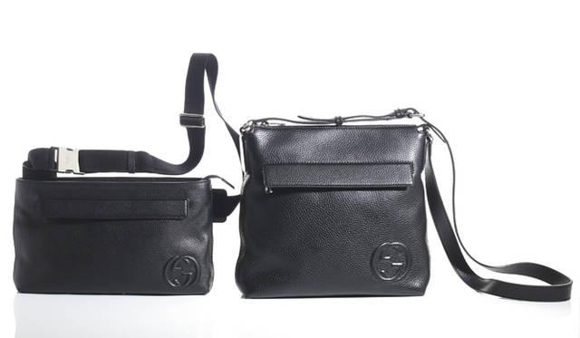 <strong>GUCCI｜グッチ</strong>　オフの日のスタイルを完成させる小ぶりのバッグ。質の高いカーフレザーから漂う高級感がカジュアルなルックにエレガンスを添える。　左から メッセンジャーバッグ[W31×H19×D4cm] 13万5450円、ベルトバッグ[W29×H27×D6cm] 12万750円