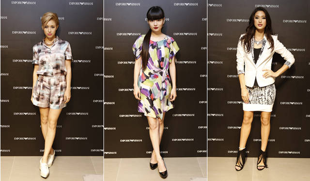 <strong>EMPORIO ARMANI｜エンポリオ アルマーニ　新旗艦店オープニングイベントをレポート！</strong>　写真左から、シンガーのBENI、モデルの秋元梢、モデルのメロディー洋子