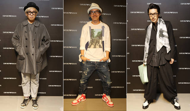 <strong>EMPORIO ARMANI｜エンポリオ アルマーニ　新旗艦店オープニングイベントをレポート！</strong>　写真左から、アートディレクターの千原徹也、フォトグラファーのレスリー・キー、ダンサーのTAKAHIRO