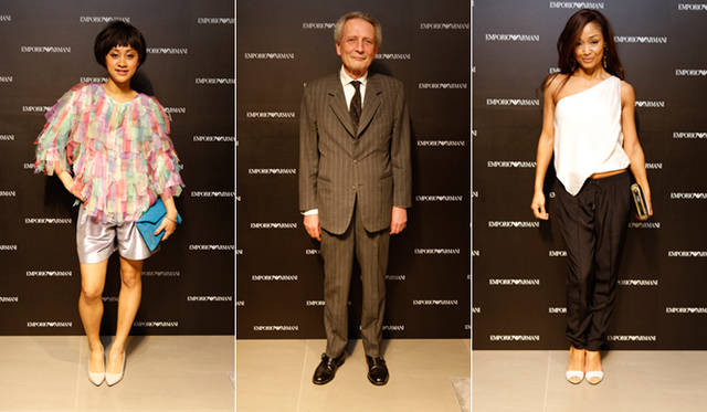 <strong>EMPORIO ARMANI｜エンポリオ アルマーニ　新旗艦店オープニングイベントをレポート！</strong>　写真左から、シンガーのAISHA、イタリア大使、ダンサーのユーコ・スミダ・ジャクソン