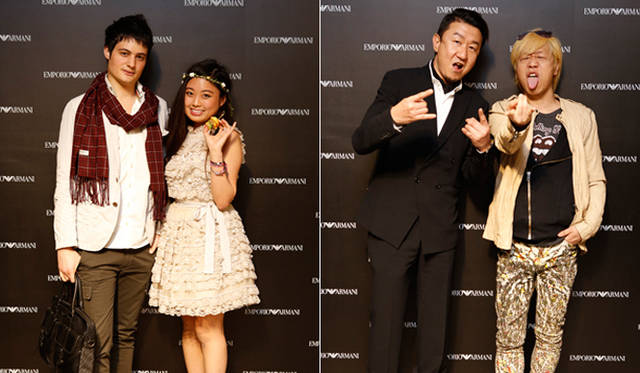 <strong>EMPORIO ARMANI｜エンポリオ アルマーニ　新旗艦店オープニングイベントをレポート！</strong>　写真左から、モデルのヨアン・FとブロガーのMIKI、ヘアメイクアーティストのINOMATAとMichou.