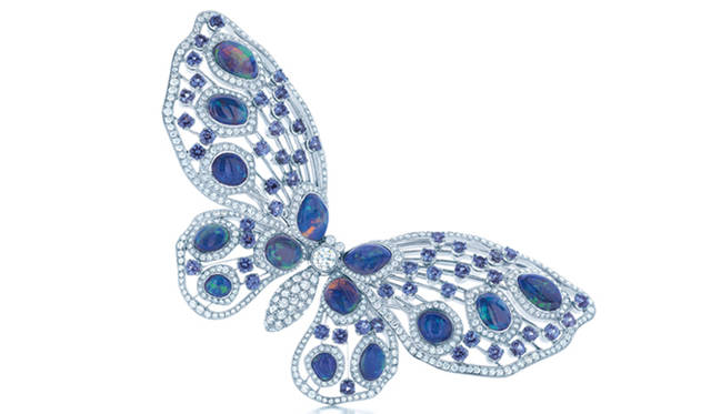 <strong>Tiffany & Co.｜「グレート ギャツビー」コレクション</strong>　最高級ラインであるブルー ブック コレクション。自然の造形を生かすのがティファニーの伝統。蝶をかたどったブローチにはブラックオパールとサファイヤ、そしてダイヤモンドをちりばめて　1275万7500円　Photo: Carlton Davis