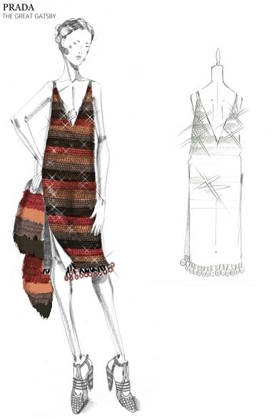 プラスチックリングとトリミング刺繍を裾にあしらったマルチストライプのスパンコールドレス。プラダ2011年春夏コレクションにインスピレーションを得ている。