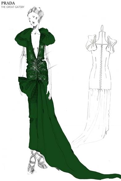 ワンショルダーのクレープデシンとシルク素材のドレス。ウエスト周りにエメラルドグリーンのフォックスファー、ストーン、小さなロザリービーズ、シルクとベルベットのフリンジがあしらわれている。