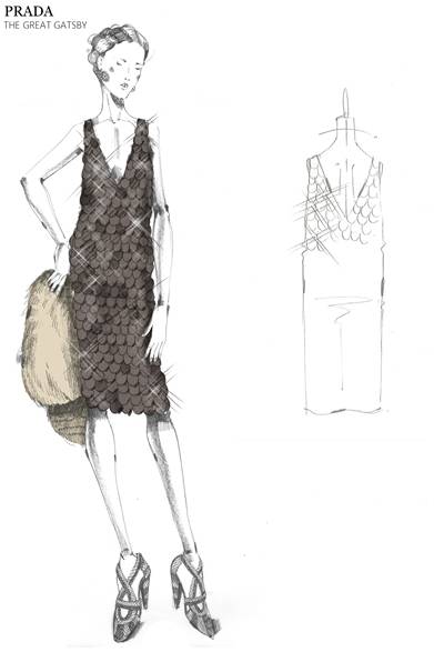 大きく胸元があいた膝丈ブラックドレス。スパンコールをチュール全体に手作業で縫い付けてある。