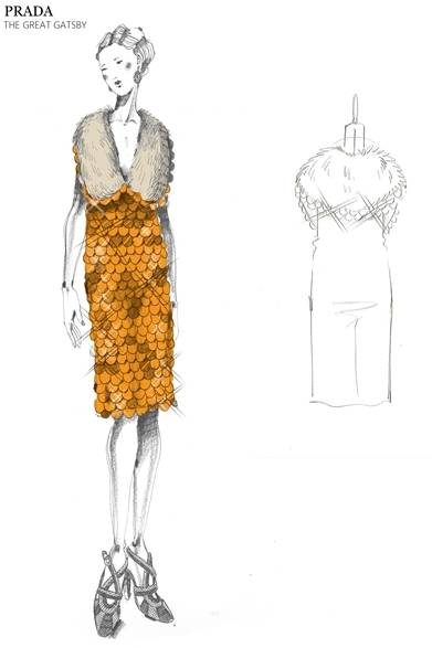 魚の鱗(うろこ)のような形をしたスパンコールが華やかな印象のオレンジオーガンザ素材のドレス。プラダ2011年秋冬コレクションからインスピレーションを得ている。