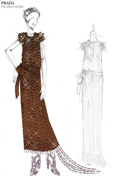 パールのフリンジで覆われたサテンのロングドレス。肩にはファーのように装飾したロザリービーズとスパンコールがあしらわれている。