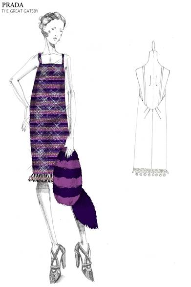 プラスチックリングとトリミング刺繍を裾にあしらったマルチストライプのスパンコールドレス。プラダ2011年春夏コレクションにインスピレーションを得ている。