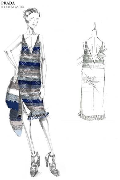 プラスチックリングとフリンジを裾にあしらった、マルチストライプのスパンコールドレス。プラダ2011年春夏コレクションにインスピレーションを得ている。